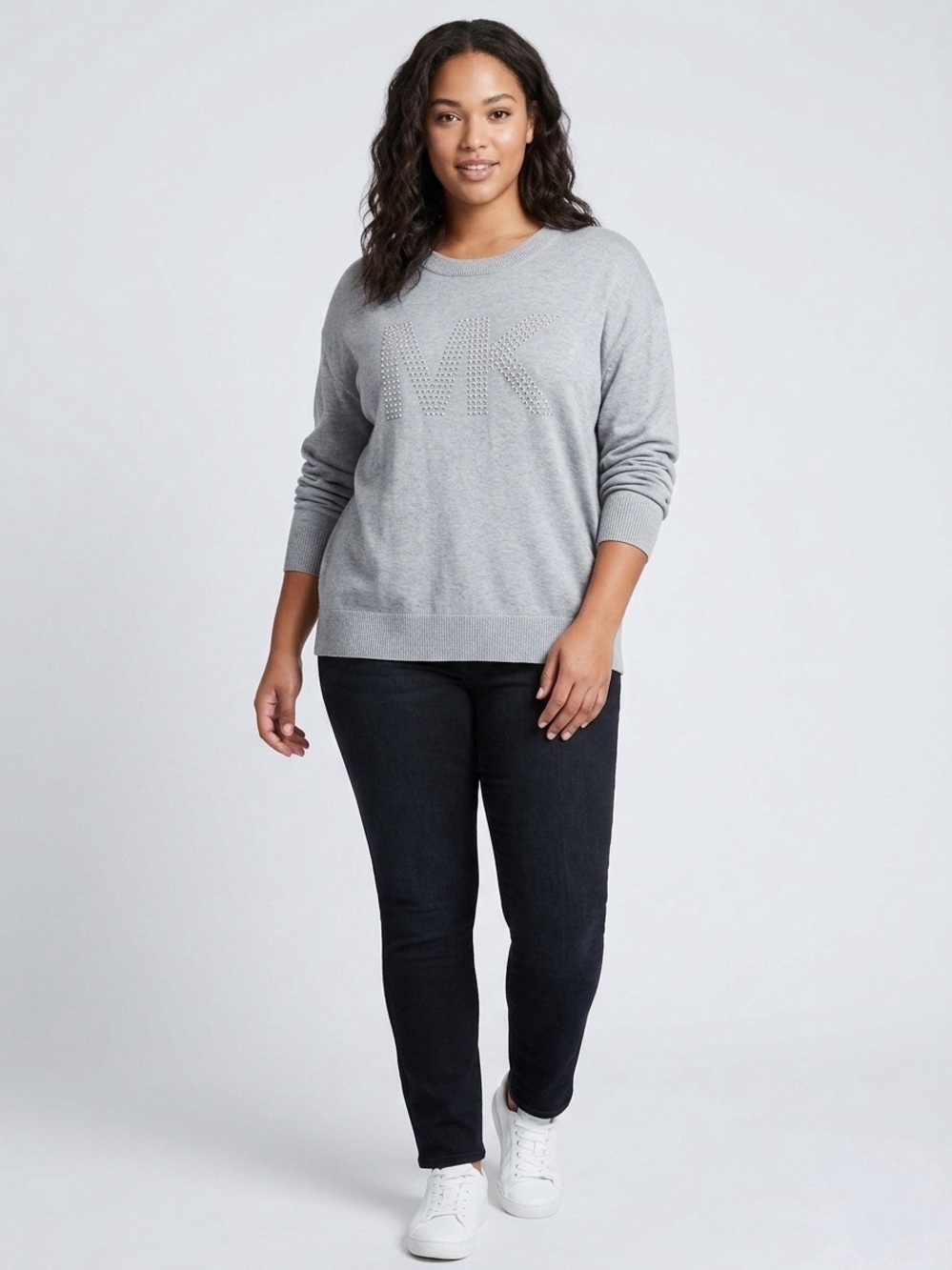 013 MICHAEL KORS Women's Studded Logo Cotton Sweater - Heather Grey, X-Large